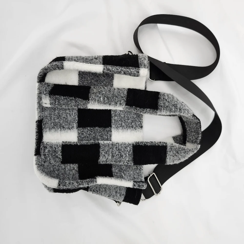 Flannel Crossbody Tote Small Black White Plaid Whimsygoth‎ Grunge